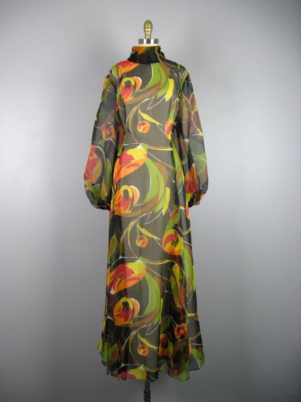 Vintage 1970s Printed Chiffon Dress with Sheer Poet Sleeves - Size L